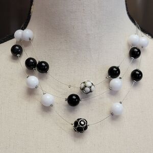 Black White Floating Beaded‎ Necklace Multi Strand Layered Retro Mod Chunky Fun